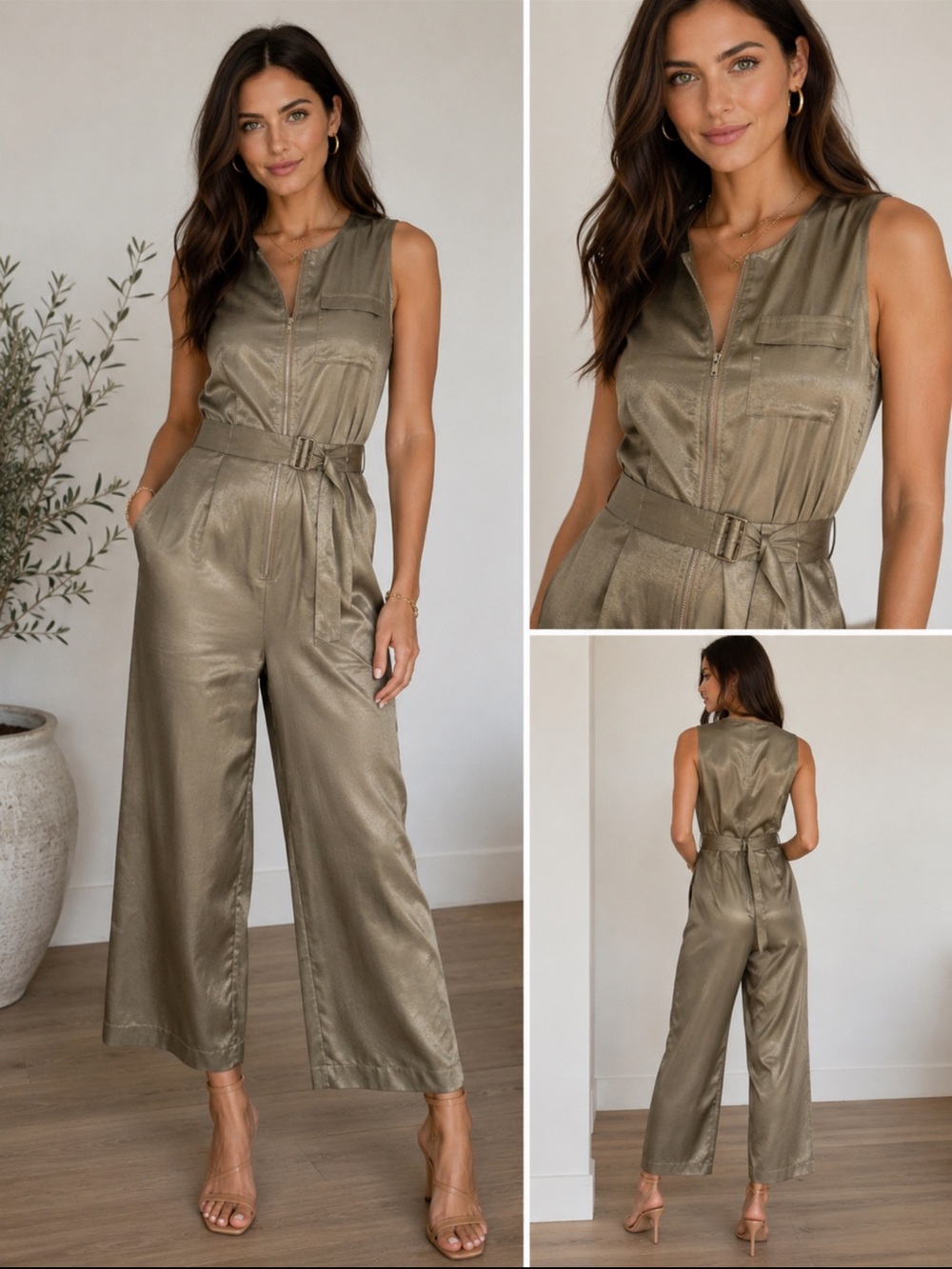 NWT- CAARA Sleeveless Belted Satin Jumpsuit in Olive Green. M